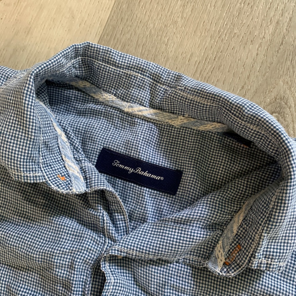 Tommy Bahama Mens Blue Gingham Linen Tencel Blend Long Sleeve Button Down Shirt